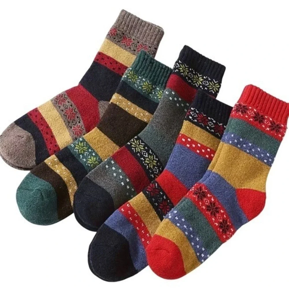 Merino Wool Thermal Winter Socks Multicolor Striped Snowflake LARGE Youth Unisex